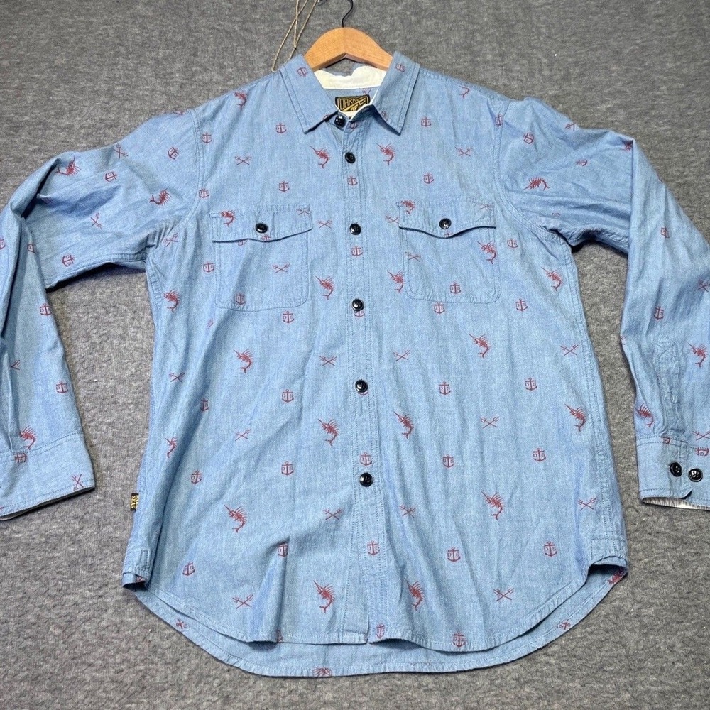Dark Seas Division Denim Shirt Men Large Allover Print Long Sleeve Casual Travel